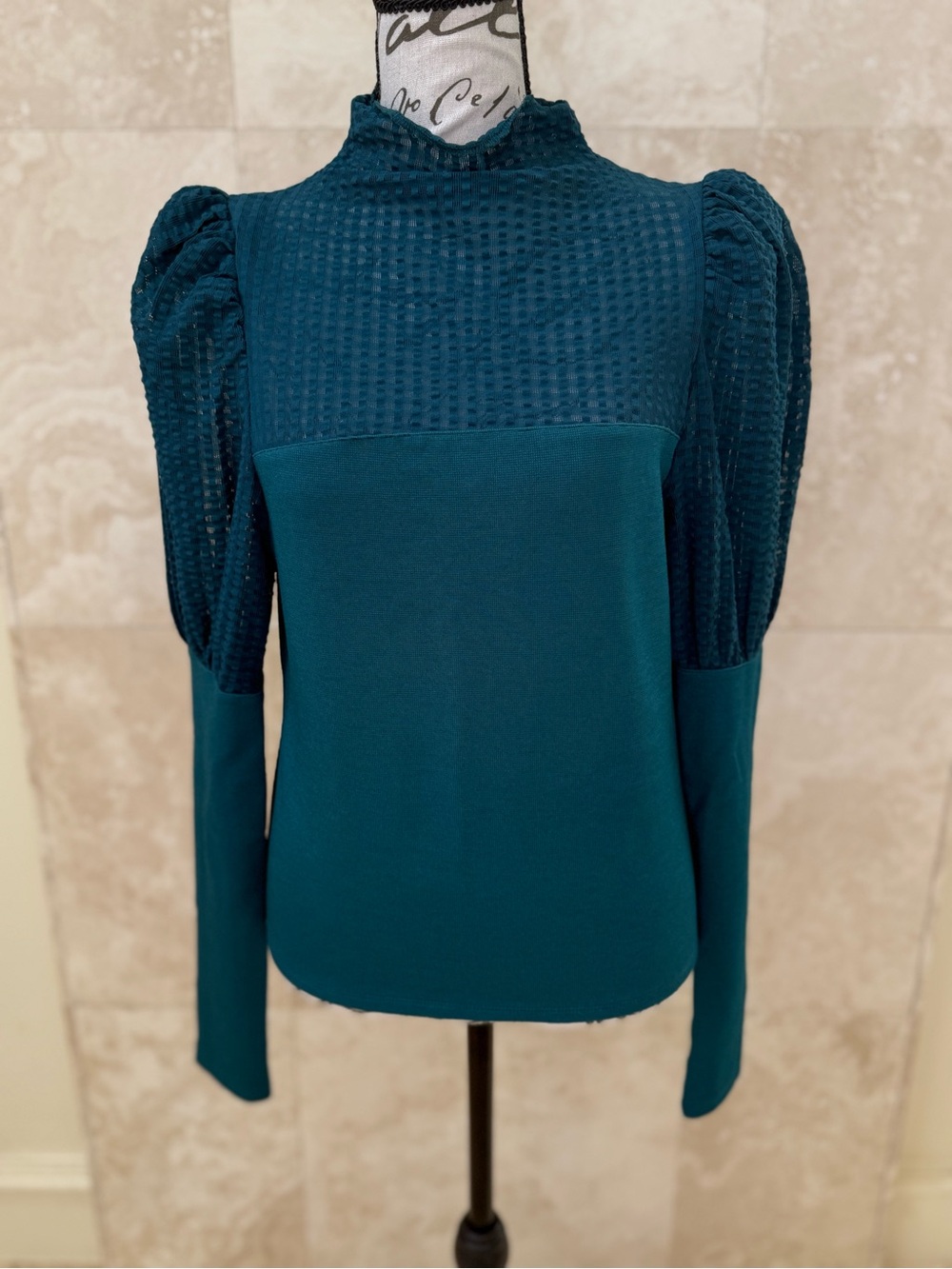 Maeve Anthropologie Teal Textured Puff Sleeve Mock Neck Blouse Small